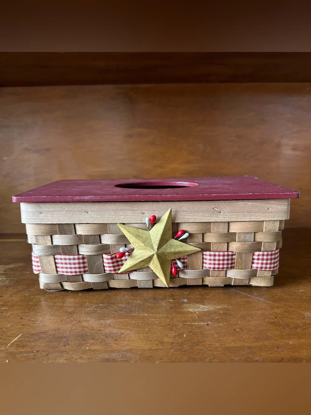 Woven Wood Tissue Box Cover Star Patriotic Gingham Country Decor 2015 Christmas